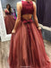Newest Two-pieces Deep V-neck sleeveless open-back evening gown, long prom dresses, PD0100