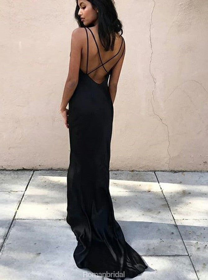 Mermaid Deep V-Neck Backless Black Prom Dress With Train, PD0593
