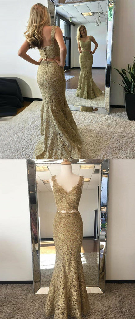 Two Piece Mermaid V-Neck Sweep Train Gold Lace Prom Dress, PD0646