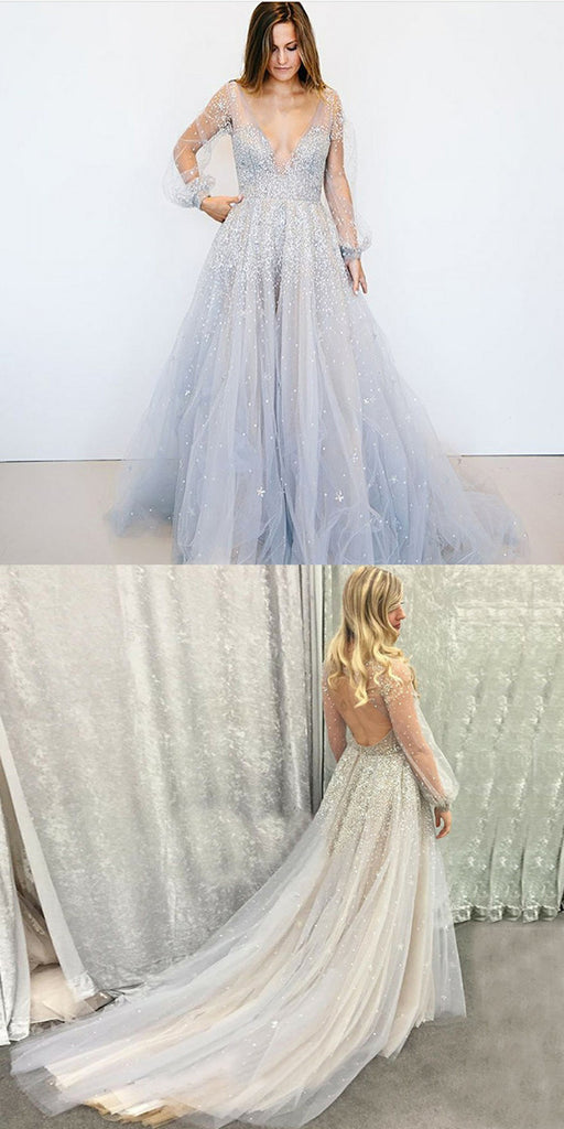 A-Line Deep V-Neck Open-Back Beading Prom Dress With Train, PD0647