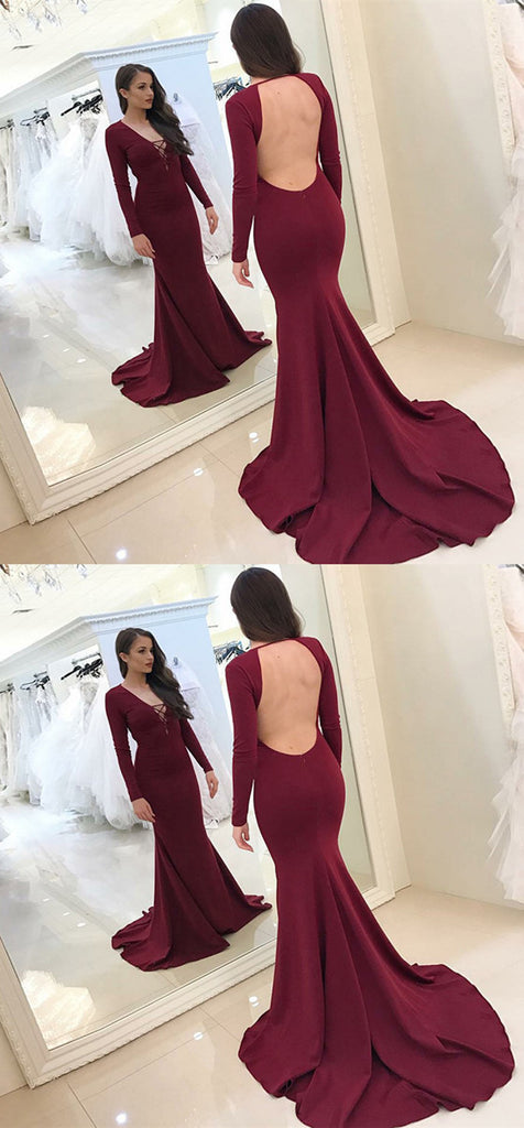 Mermaid V-Neck Sweep Train Backless Burgundy Prom Dress, PD0648