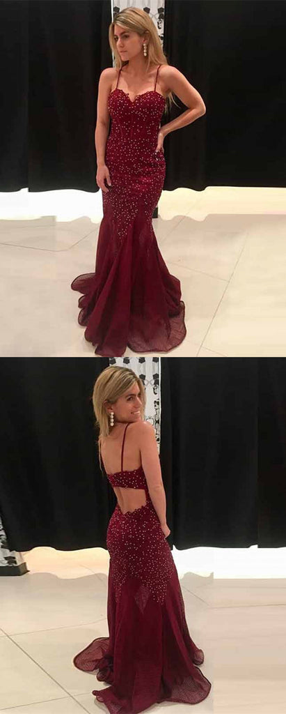 Spaghetti Straps V-neck Beading Burgundy Prom Dresses, PD0656