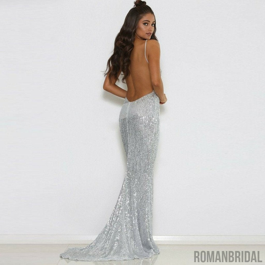 Charming hot selling V-neck sleeveless evening dresses, backless Sequins Long Prom Dresses, PD0459