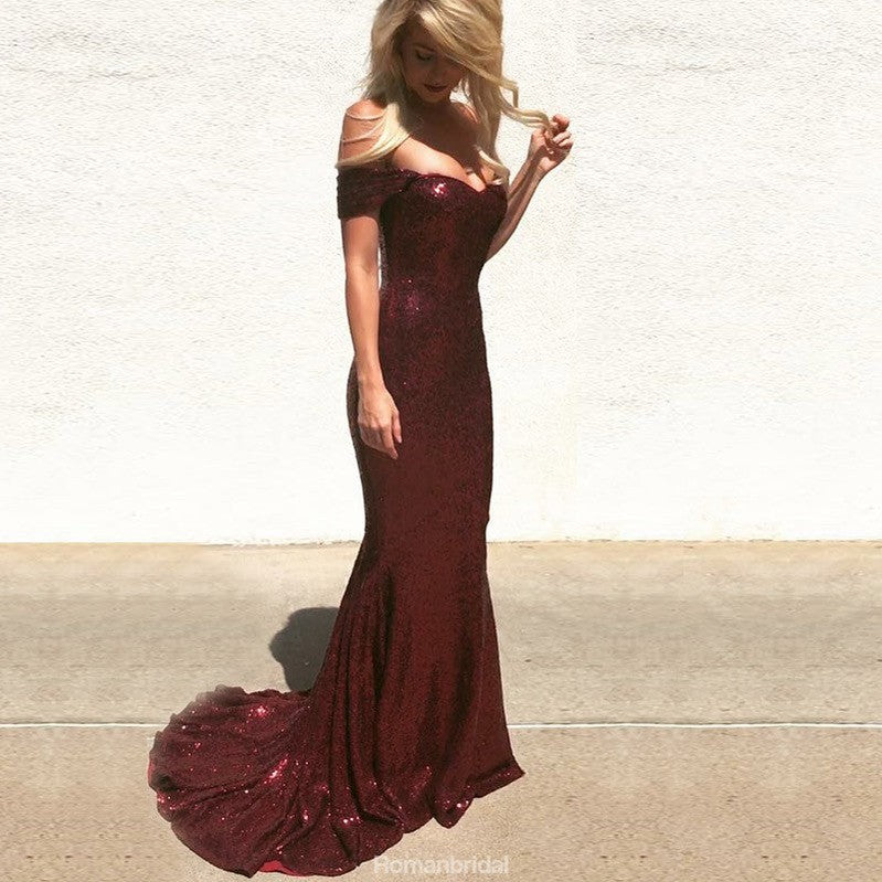 Mermaid Off-the-Shoulder Burgundy Sequins Long Prom Dresses, PD0580