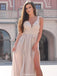 Floor-length A-Line V-Neck Appliques Top Chiffon Split Long Prom Dress, PD0136