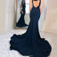 Mermaid Bateau Neck Backless Navy Blue Prom Dress With Train, PD0650