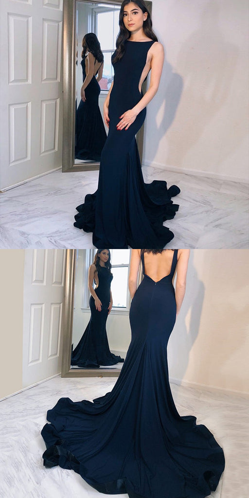 Mermaid Bateau Neck Backless Navy Blue Prom Dress With Train, PD0650