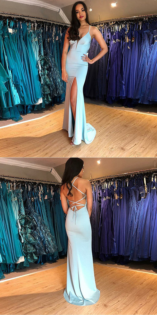 Mermaid Spaghetti Straps V-neck High Split Lace Up Prom Dresses, PD0578