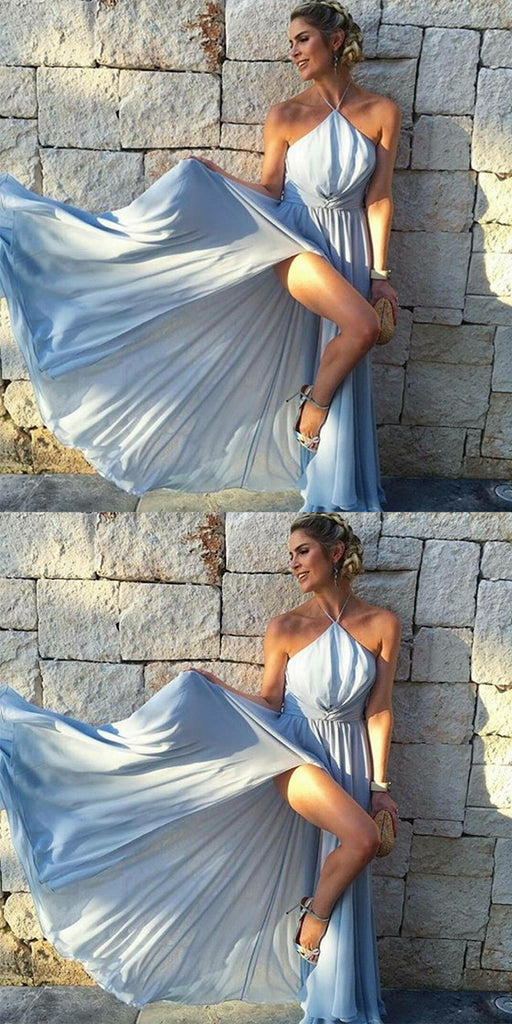 A-Line Halter Sleeveless Light Blue Chiffon Prom Dresses With Split, PD0698