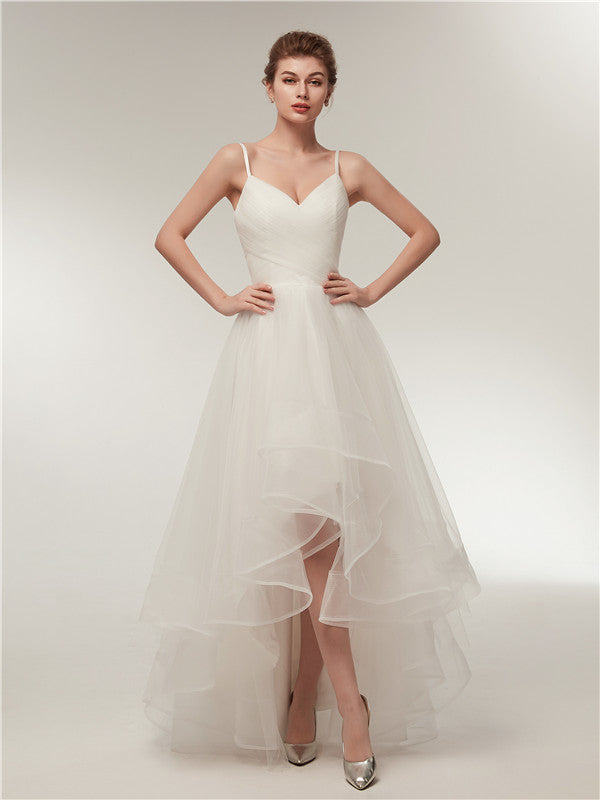Spaghetti Straps V-neck Lace up Back Long Organza Wedding Dresses, WD0460
