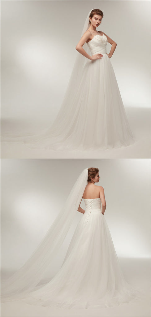 Sweetheart Ivory Tulle Lace up back Wedding Dresses With Train, WD0458