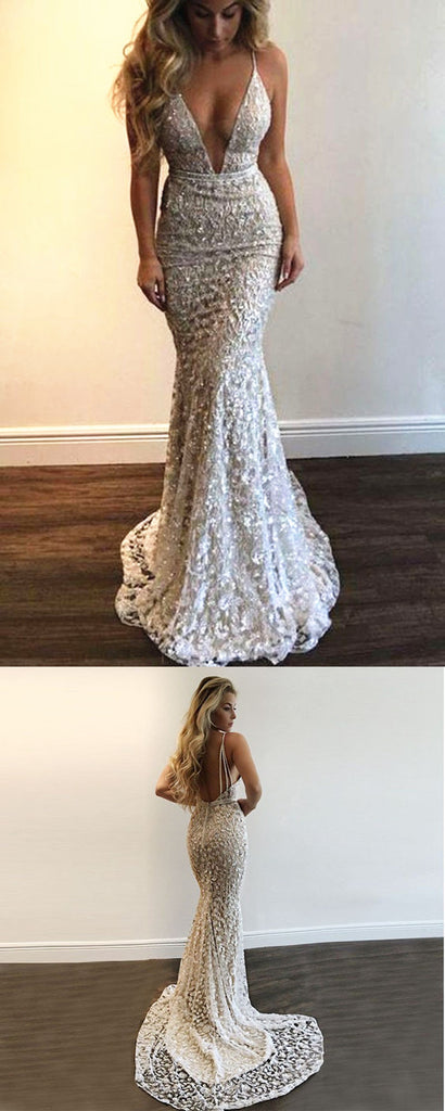 Spaghetti Straps Sexy Deep V-neck Long Prom Dress With Appliques, PD0614