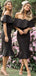 Mermaid Off The Shoulder Black Tea Length Bridesmaid Dresses With Ruffles,RBWG0001