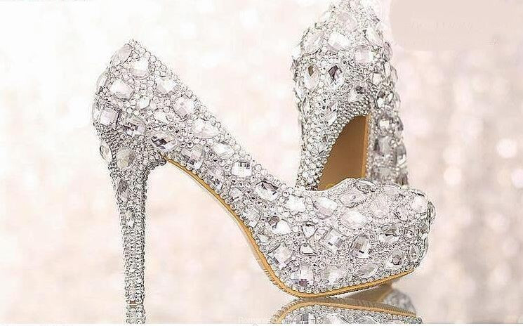 High Heels Handmade Fully Rhinestone Pointed Toe Crystal Wedding Shoes, S031