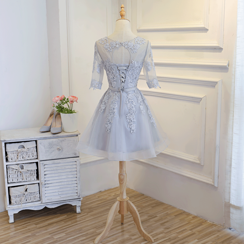 Round Neck Lace Appliques Medium Sleeves Open-back Lace Up Homecoming Dress, HD0394
