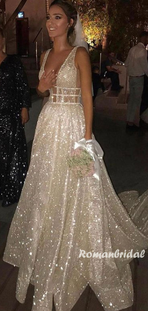 Elegant V-neck Tulle A-line Cheap Long Wedding Dresses Online,RBWD0031