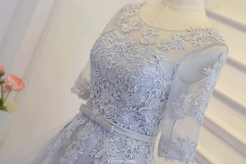 Round Neck Lace Appliques Medium Sleeves Open-back Lace Up Homecoming Dress, HD0394