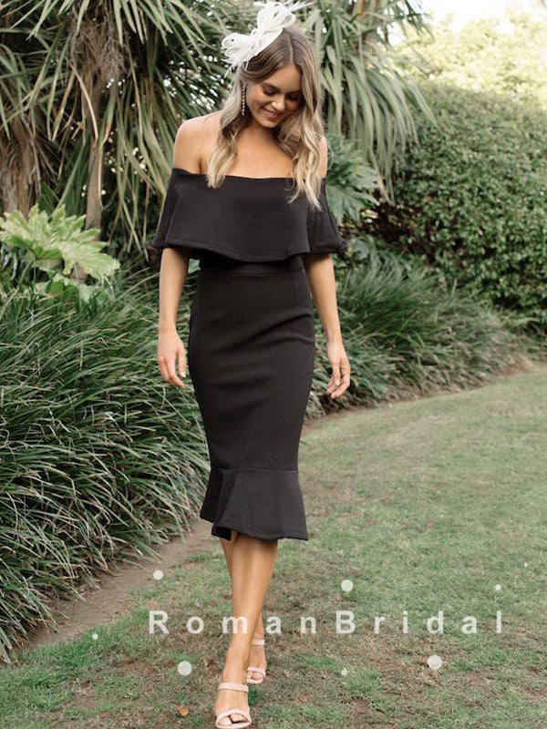 Mermaid Off The Shoulder Black Tea Length Bridesmaid Dresses With Ruffles,RBWG0001