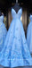 A-Line V-Neck Spaghetti Straps Blue Long Prom Dresses With Flowers,RBPD0010