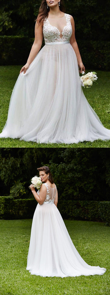Gorgeous A-line Sleeveless Appliques Tulle Wedding Dresses With Train, WD0394