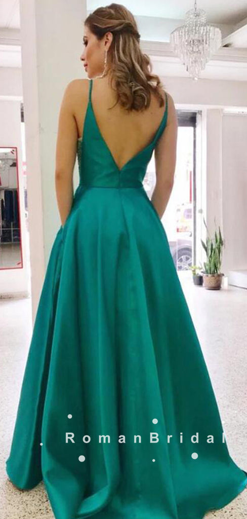 Simple A-Line V-Neck Spaghetti Straps Satin Cheap Long Prom Dresses,RBPD0102
