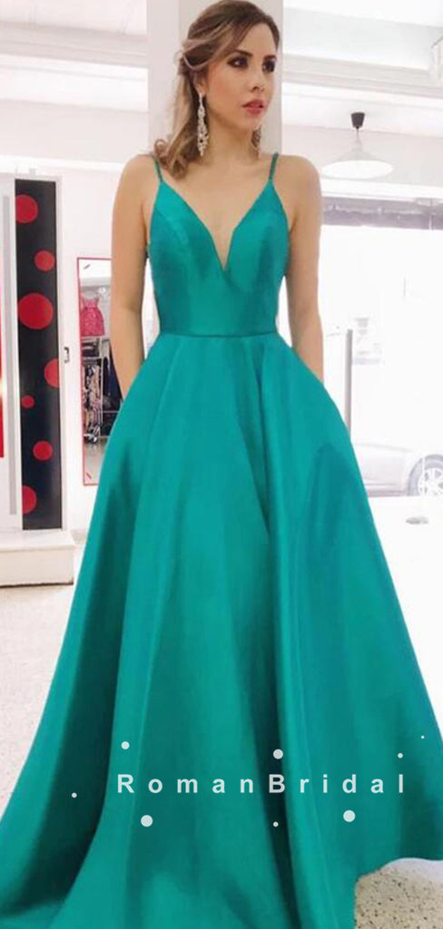 Simple A-Line V-Neck Spaghetti Straps Satin Cheap Long Prom Dresses,RBPD0102