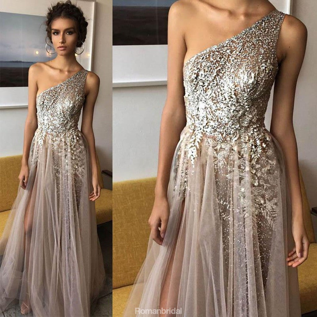 One Shoulder Beading High Split Long Prom Dresses, PD0591