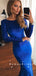 Sexy Mermaid Round Neck Royal Blue Long Sleeves Velvet Long Prom Dresses,RBPD0104