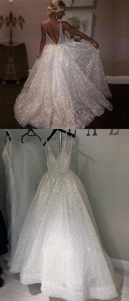 Sparkly Sequins A-Line V-back Popular Long Prom Dress, PD0616