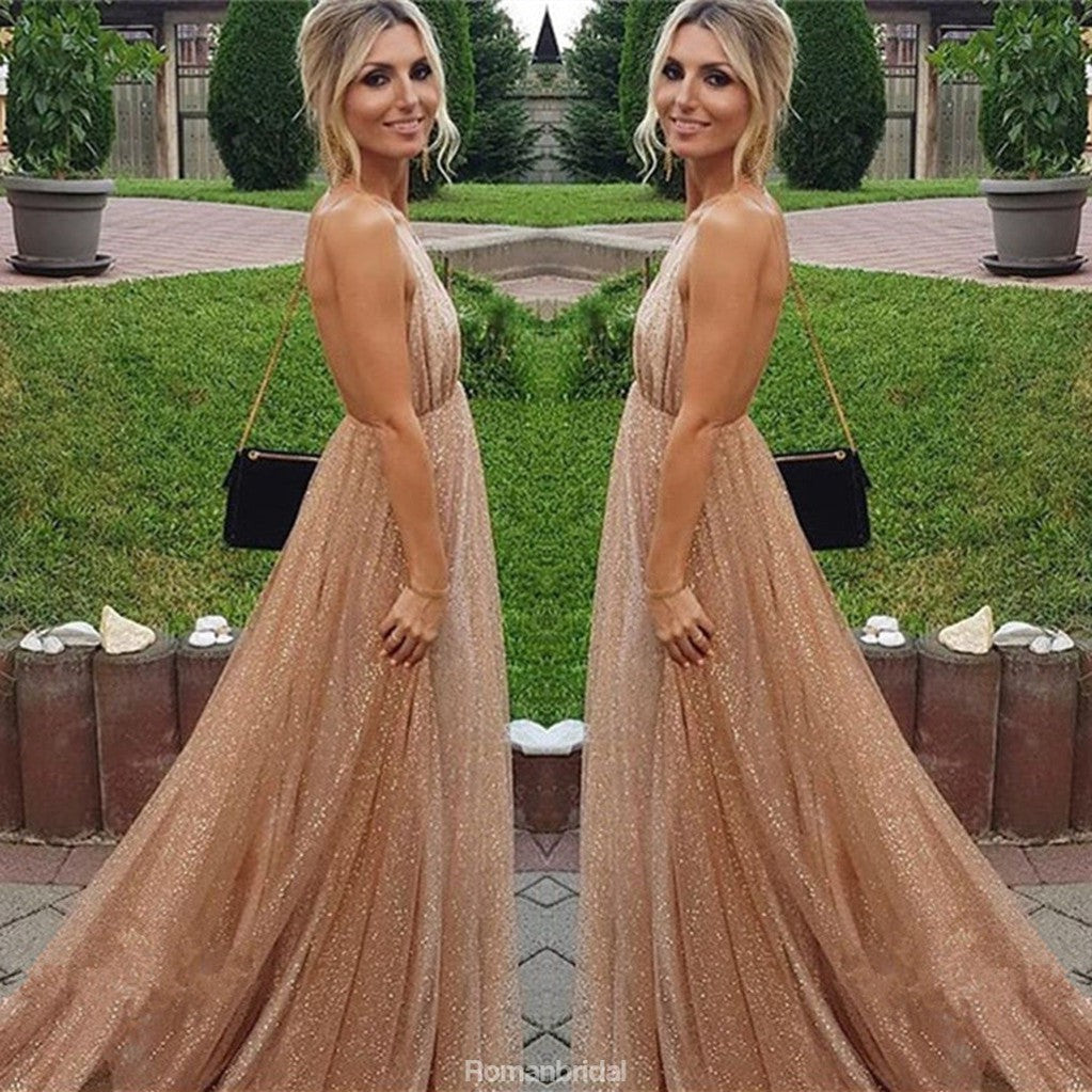 A-line Spaghetti Straps V-neck Sexy Backless Sequins Prom Dresses With Train, PD0551