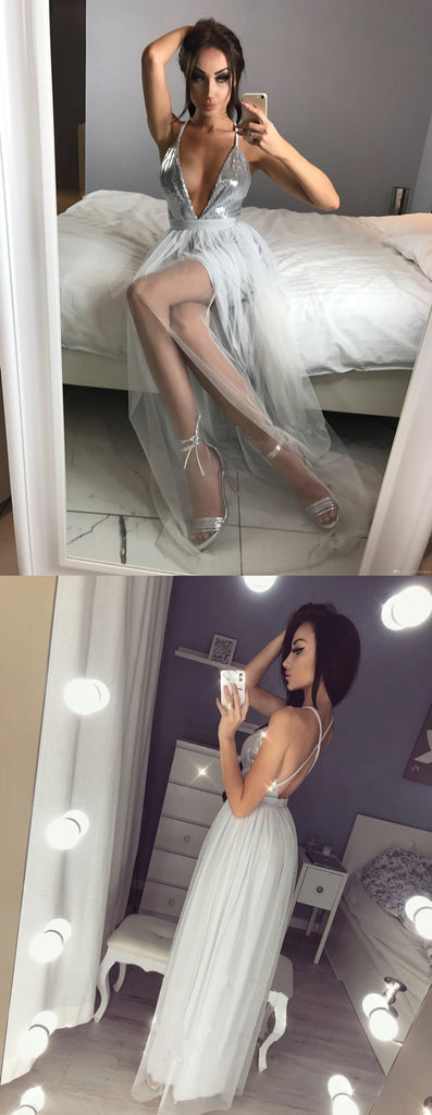 Floor-length Spaghetti Straps Deep V-neck Backless Long Sequins Prom Dresses, PD0550