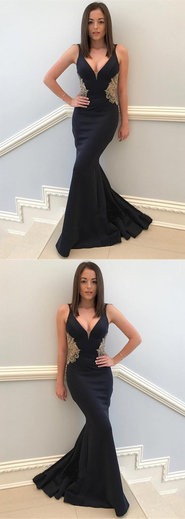 Mermaid Sexy Deep V-neck Sleeveless Appliques Black Long Prom Dresses, PD0549