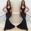 Mermaid Sexy Deep V-neck Sleeveless Appliques Black Long Prom Dresses, PD0549