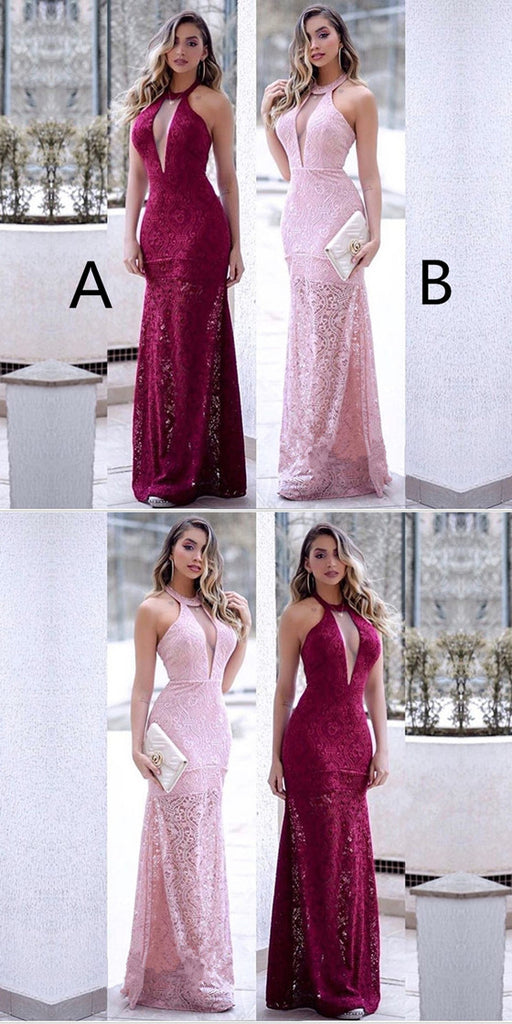 Floor-length Halter Sexy Deep V-neck Sleeveless Lace Long Prom Dresses, PD0548