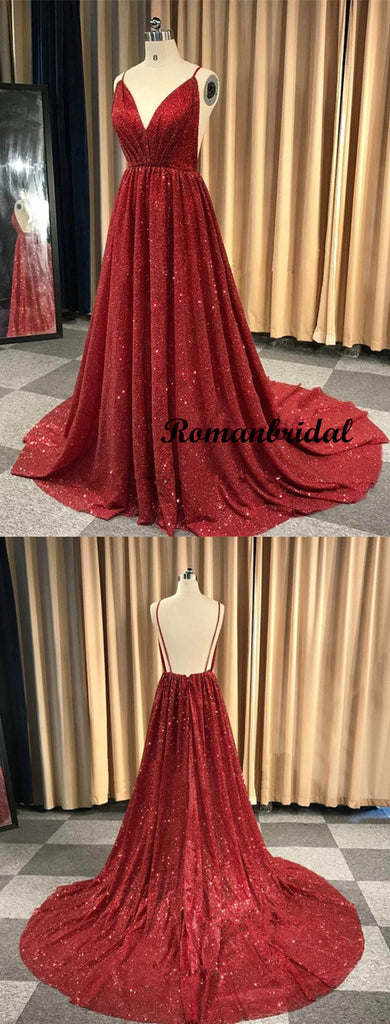 V-Neck Spaghetti Straps Red Sequins Long Prom Dress With Pleats, PD0620