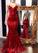 Spaghetti Straps V-neck Red Sequins Lace Up Back Prom Dresses, PD0683