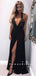 Sheath Deep V-Neck Sleeveless Black Long Prom Dresses With Beading,RBPD0109