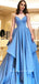 Simple A-Line V-Neck Spaghetti Straps Blue Cheap Long Prom Dresses,RBPD0110