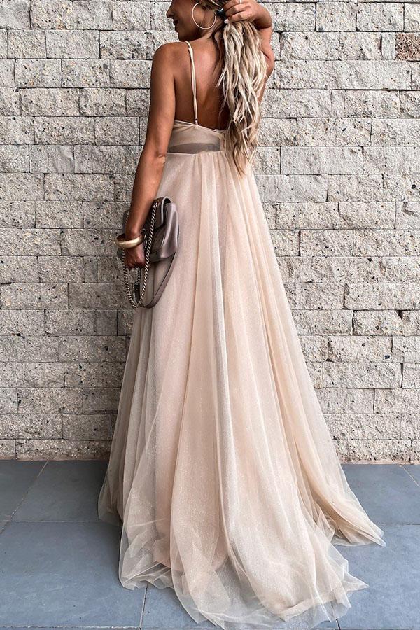 Elegant V-neck Spaghetti Straps A-line Tulle Prom Dresses, WGP163