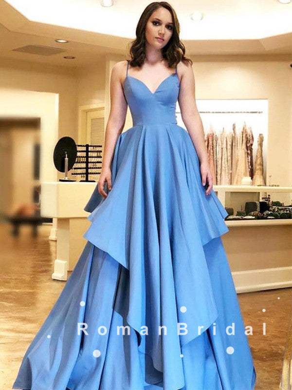 Simple A-Line V-Neck Spaghetti Straps Blue Cheap Long Prom Dresses,RBPD0110