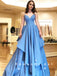Simple A-Line V-Neck Spaghetti Straps Blue Cheap Long Prom Dresses,RBPD0110