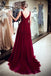 A-line V-neck Sleeveless Beading Burgundy Prom Dresses With Train, PD0680