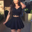 Two Pieces V-neck Black Lace Appliques Cap Sleeves Short Homecoming Dresses, HD0426