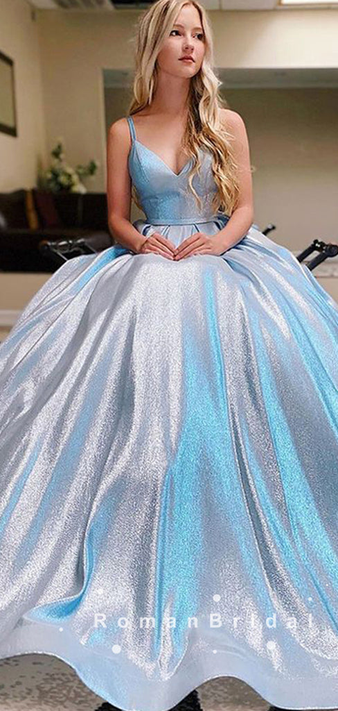 Shinny A-Line V-Neck Spaghetti Straps Custom Long Prom Dresses,RBPD0012