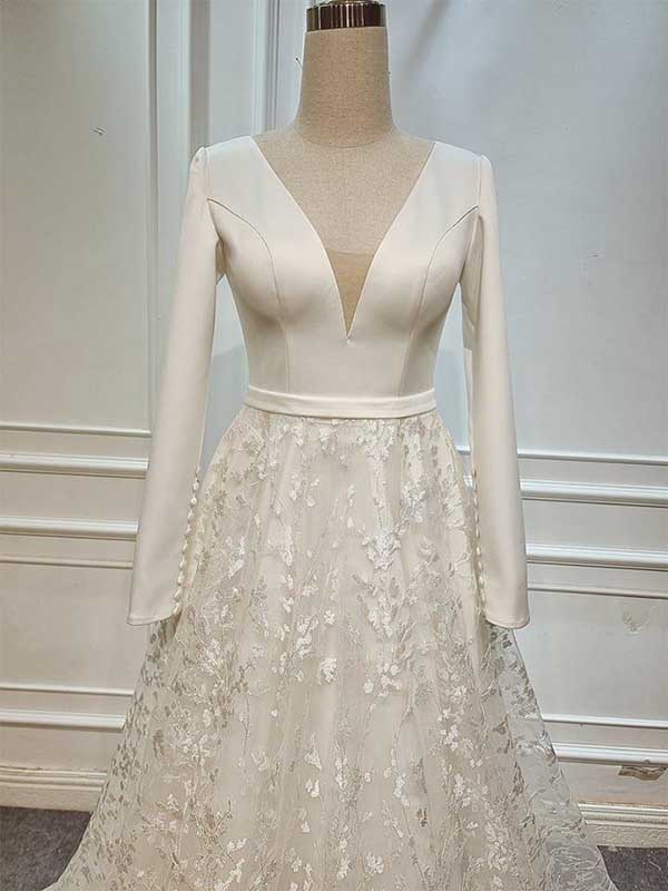 A-Line Elegant Long Sleeves V-Neck Beach Wedding Dress, WD0503