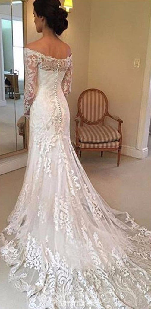 New Arrival Off the Shoulder Long Sleeves Lace Wedding Dresses With Train, WD0388