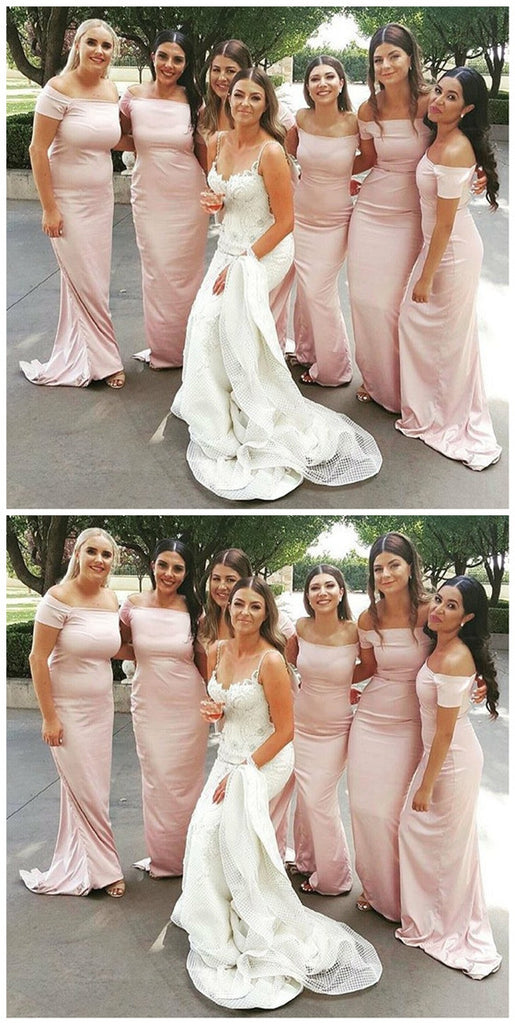 Mermaid Cheap Off-the-Shoulder Short Sleeves Simple Style Pink Bridesmaid Dress, BD0486