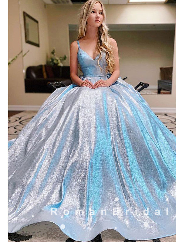 Shinny A-Line V-Neck Spaghetti Straps Custom Long Prom Dresses,RBPD0012