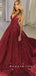 A-Line V-Neck Spaghetti Straps Dark Red Sweep Train Prom Dresses,RBPD0013
