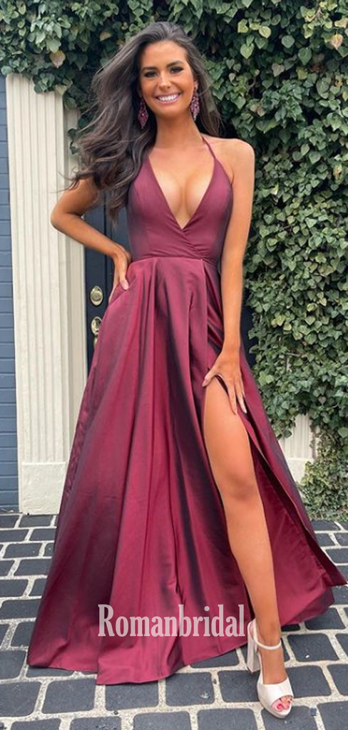 Simple V-neck A-line Satin Side Slit Cheap Long Prom Dresses,RBPD0133